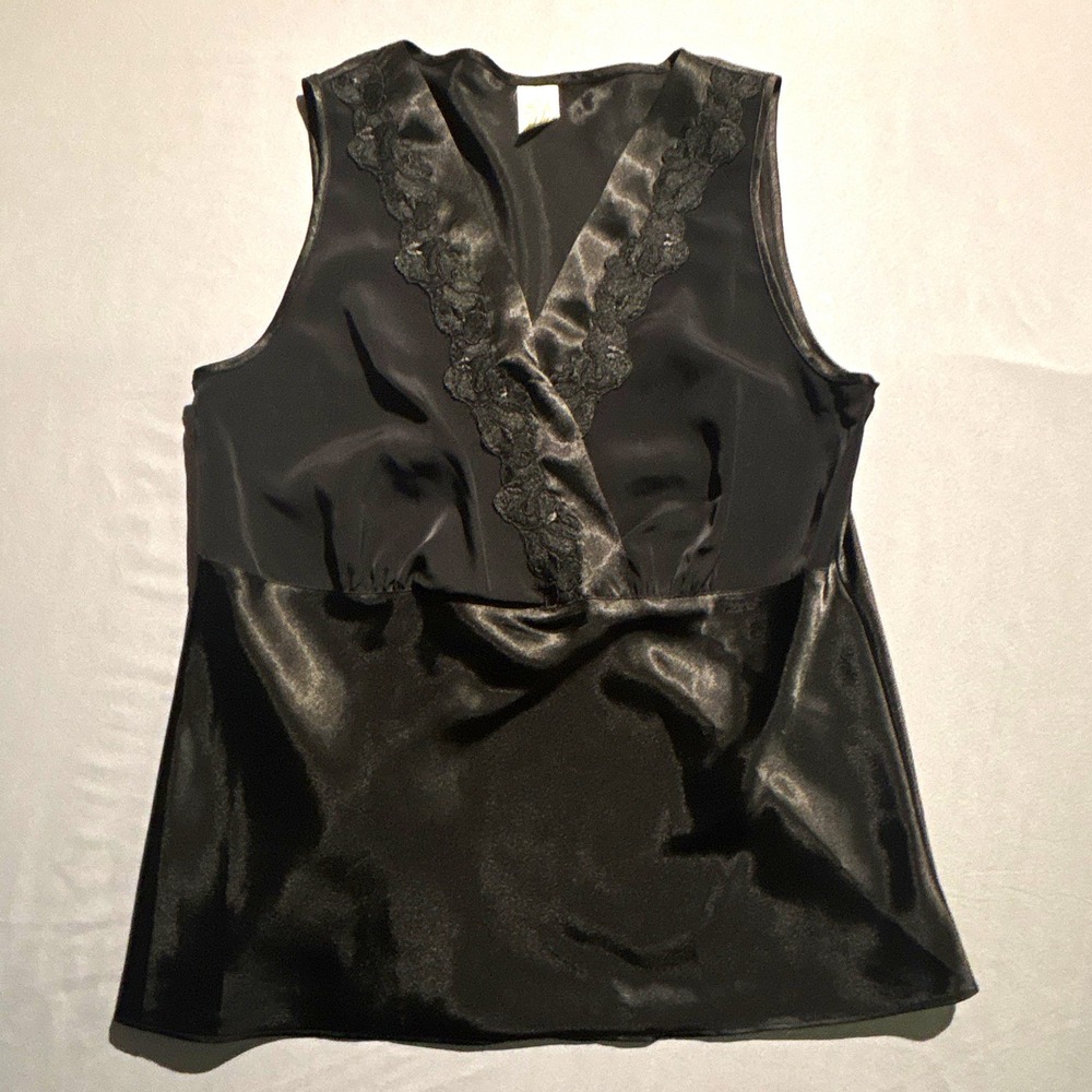 Vintage Sears Black Satin Lace Trim V-Neck Sleeveless Top Empire Waist Medium